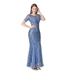 Women's Illusion Embroidery Elegant Mermaid Evening Dress Lake Blue, Small